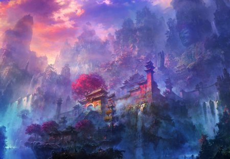 Fantastic World - anime, temple, clouds, world