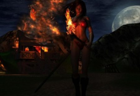 The Tragedy of Tyris Flare - moon, female, sword, night, fire, flames, goden axe, games, video games