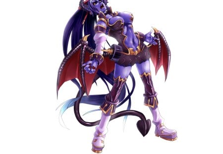 Asmodeus - shinrabanshou, yellow eyes, tail, female, long hair, wings, purple hair, asmodeus, horns, white background, games, succubus, video games