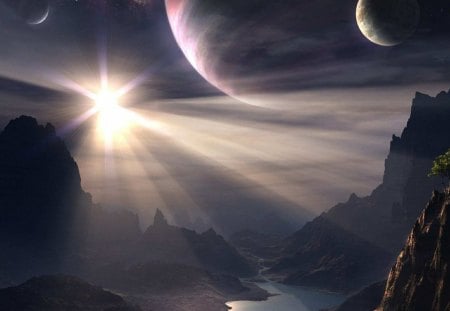 beautiful 3d star - planets, light, rays, rocks