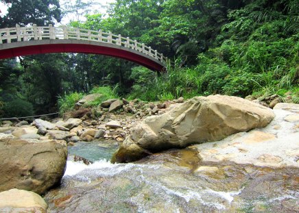 Curved bridge - curved, mountain, stream, bridge, rocks