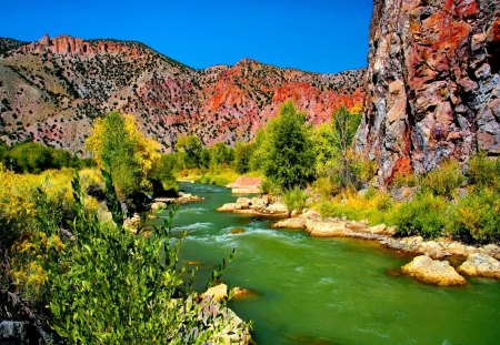 Green mountain stream - sky, riverbank, peaceful, greenery, stream, rocks, calm, emerald, river, mountain, summer, shore, peaks, bushes, nature, floating, stones