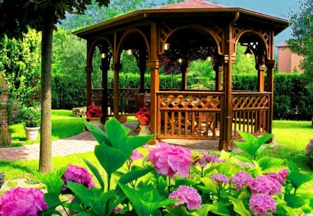 Summer gazebo - nice, sky, countryside, greenery, gazebo, green, grass, garden, houses, wooden, park, summer, lovely, country, nature, village, beautiful, pink, flowers