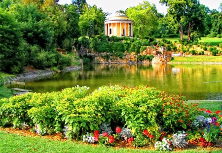 Lovely place - trees, greenery, park, summer, place, lovely, bushes, nature, fountain, noce, reflection, beautiful, flowers, garden, pond, europe