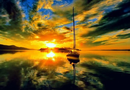 Golden hour - pretty, summer, sundown, boat, sunrise, light, reflection, sailing, lake, golden, nice, sky, clouds, beautiful, sea, lovely, glow, colorful, river, nature, sunset, rays, hour