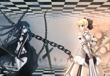 BRS vs Saber Lily - girls, saber, light, blade, fantasy, fight, dark, vs, anime, sword, guns, manga, black rock shooter