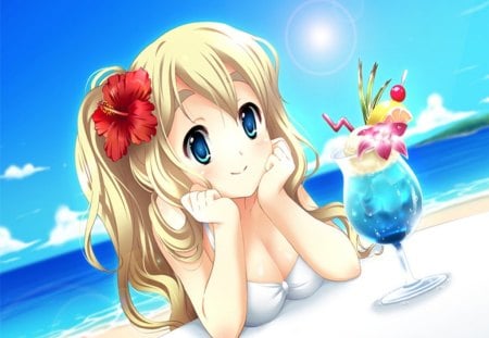 Kotobuki Sumugi - beach, female, hot, swimsuit, anime girl, laying, blonde hair, cool, cute, kotobuki sumugi, sexy, drink, blue eyes, bikini, hair flower, sweet, blush, smile, sunrise