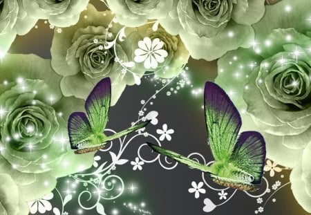 Envy - papillon, roses, butterflies, sparkles, fleurs, flowers, glow, green, butterfly, shine, stars embellishment