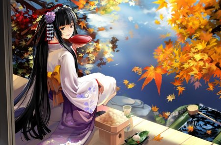 Girl in kimono - anime, girl, lake, kimono, lovely, leaf