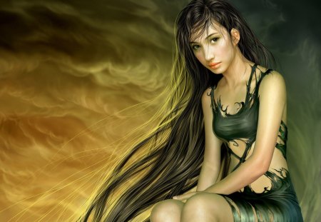 Sad woman - fantasy, sad, woman, green, dress, long hair