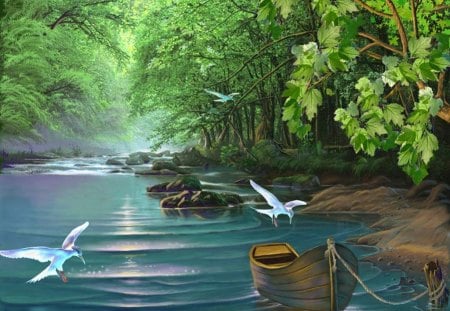 Birds and River - animals, colorful, creek, white, river, land, birds, boat, boats, stunning, nature, forest, beautiful, seasons, leaves, nice, trees, water, dirt, greenery, flying birds, s, rocks, creative pre-made, calm, painting, quiet, brown, pretty, green, paintings, tree, rivers, attractions in dreams, daylight, day, shore, summer, lovely, serenity, love four seasons, blue, scenery, colors