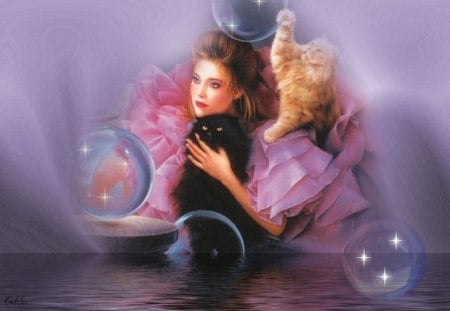 girl and her cats - water, girl, bubbles, cats