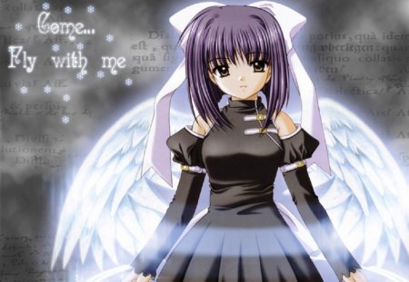 Cute Angel... - black dress, girl, angel, wings, purple hair, cute, fly