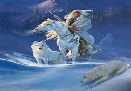 Winter Song - wolves, indian, abstract, horse, man, animals, fantasy