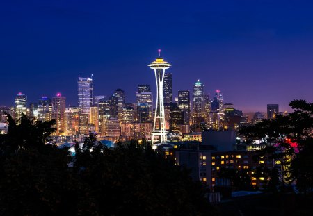 Seattle Skyline - beauty, sky, peaceful, view, city lights, clouds, architecture, space needle, building, 3d and cg, night, wallpaper, cityscape, buildings, lovely, seattle night cityscape, skyscrapers, nature, abstract, skyline, seattle, beautiful, city, splendor, colors, lights, new