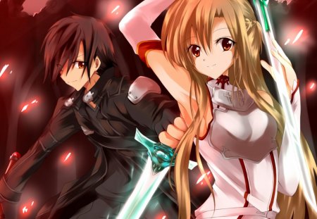 Kirigaya Kazuto & Yuuki Asuna - rapier, swords, anime girl, black hair, kirigaya kazuto, elucidator, amazing, art, blonde hair, cool, yuuki, orange hair, katana, breastplate, artistic, light, stunning, kirito, swordsman, jacket, glow, beautiful, uniform, fantastic, beauty, nice, armor, blade, black, orange eyes, anime boy, pretty, anime, orange, yuuki asuna, cute, love, couple, girl, asuna, kirigaya, cg, red, boy, awesome, coat, digital, outfit, kazuto, black eyes