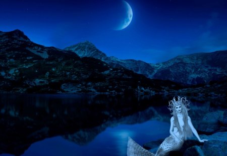 The Mermaid - moon, night, water, mermaid