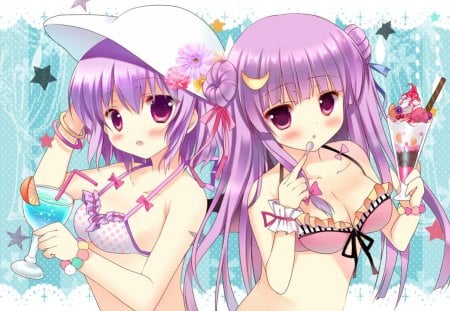 Remilia Scarlet & Patchouli Knowledge - remilia scarlet, female, hat, straw, hot, swimsuit, anime girl, touhou, cool, cute, short hair, bangle, sexy, drink, patchouli knowledge, long hair, purple hair, star, bikini, sweet, blush, breasts