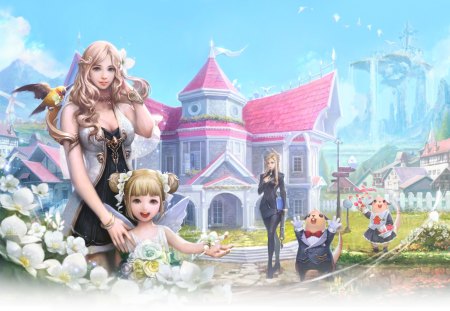 Fantasy Asio - beauty, sky, female, hot, anime girl, fantasy, cool, cloud, blonde hair, castle, asio, sexy, girl, fantasy asio, bird, smile, breasts, happy, flower