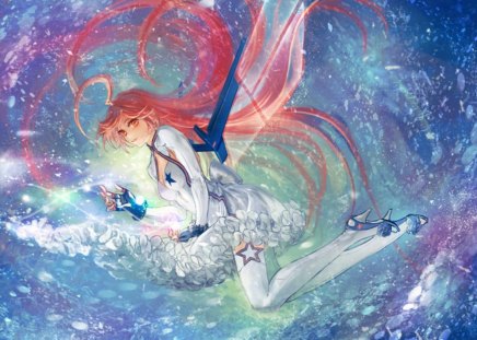 Miki - hot, anime girl, fingerless gloves, red eyes, wings, mechanical wings, gloves, high heels, floating hair, cool, thighhighs, dress, red hair, long hair, sexy, smile, female, miki, white legwear, white dress