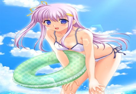 Knone Nanami - hair ribbon, beach, sky, knone nanami, female, swimsuit, long hair, water, purple hair, anime girl, cloud, pony tail, blush, sunrise, breasts, happy