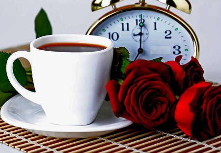 TEA SERVED! - roses, tea, clock, alarm