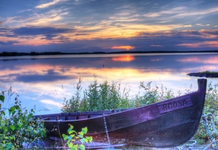 Ol Boat - clouds, plants, lake, sun, sky