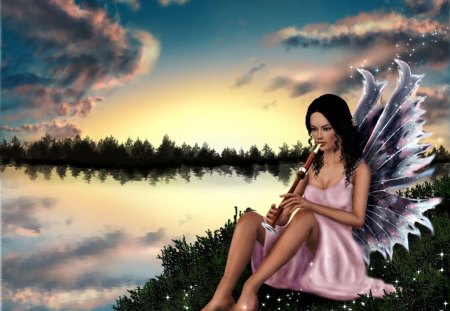 Nice Musician - lake, clouds, fairy, trees, music