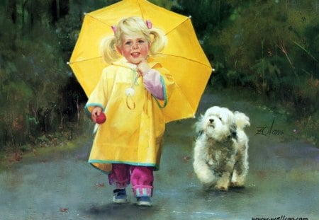 Rain_day_pals - dog, trees, water, child