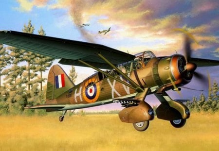 Westland_Lysander_Mk_IIIA_ - aircraft, clouds, trees, art