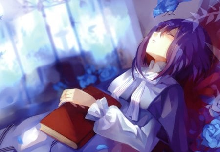 Book of Choice - sleeping, study, roses, girl, hair, book, purple, sleep, red, blue, anime, cute, short