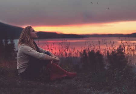 beautiful day - girl, female, skywomen, grass, sea