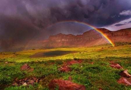 Rainbow over the mountain meadow - sunny, grass, meadow, mountain, dark, rainbow, field, nice, sky, storm, clouds, beautiful, colors, lovely, peaks, slopes, colorful, nature