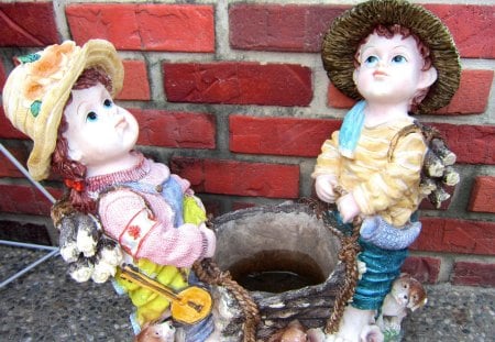 Dolls - lovely, red brick wall, cute, dolls