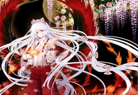 Fujiwara No Mokou - female, long hair, fujiwara no mokou, white hair, touhou, fire, pants, belt, anime girl, hot, cool, flower, red eyes, hair bow, wings, phoenix wings, sexy, bow