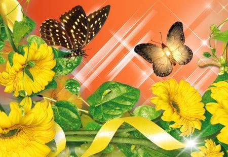 Yellow Sunshine Flowers - papillon, yellow, summer, butterflies, spring, stars, leaves, flowers, fresh, dew, ribbon, vines, gold, orange, fleurs, butterfly, shine