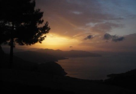 Sunset in Turkey - trees, hills, water, sunset in turkey, sea, night, rocks, bay