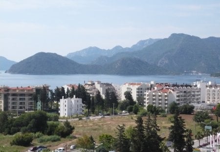 Turcja,Marmaris,panorama - marmaris, the bay, sky, hills, panorama, water, mountains, port, turkey, clouds, blue, city, sea