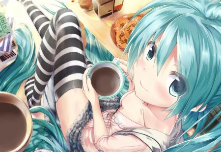 Hatsune miku - girl, drinking, reading, coffee