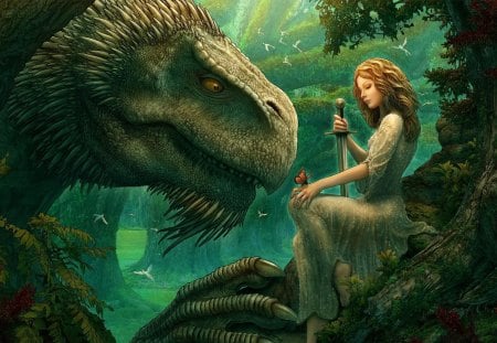 princess and dragon - girl, forest, dragon, sword, birds