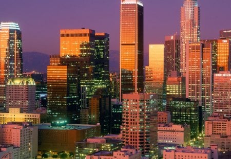 sundown on downtown los angeles - skyscrapers, city, colors, sunset