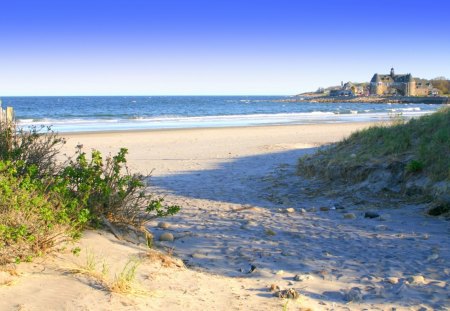 naraggansett beach in rhode island - bushes, pathway, beach, mansion