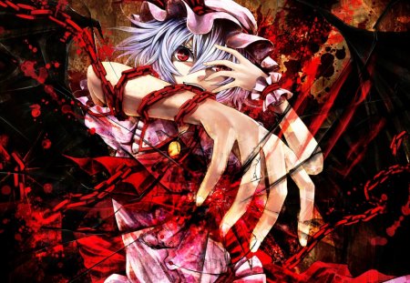 Remilia Scarlet - red, red eyes, short hair, dress, blue hair