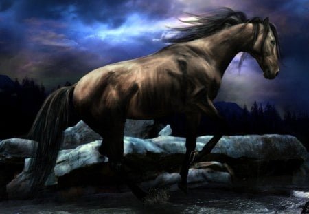 Dream_Of_Night_Wallpaper - clouds, animal, horse, rocks