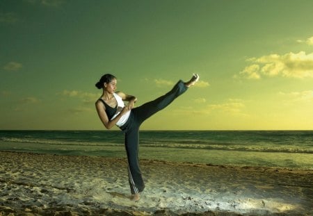 Karate_Wallpaper - water, girl, martial arts, rocks