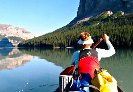 Canoeing on Maligne Lake - lake, mountains, trees, canoe