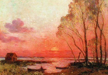 Sunset on the Briere - trees, sunset, water, painting, orange