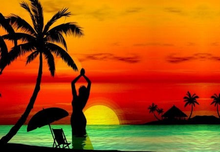 SUNSET BEACH From Another World - woman, beach, sun, water, sunset, summer, holidays, photoshop, beautiful, color, planet, cute