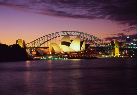 sydney opera house n bridge - clouds, water, lights, bridge