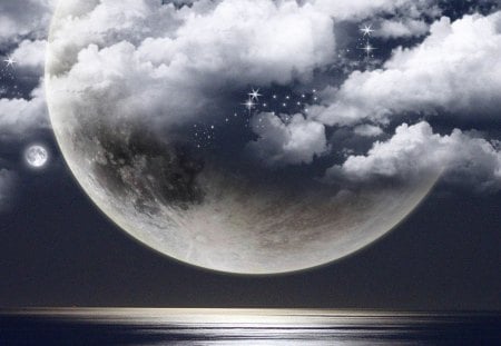 ~ UNIQUE ~ - moon, sky, fantasic, fantasy, star, reflection, clouds, sea, planet